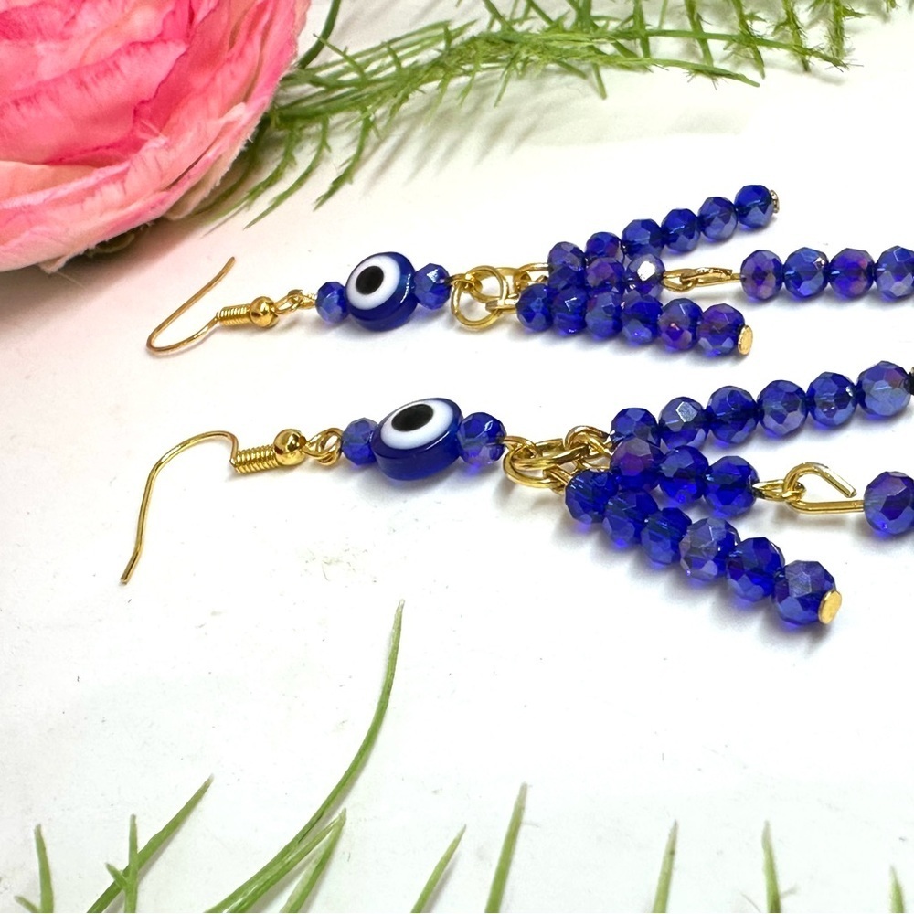 NEW⚜️Handmade Evil Eye Crystal Fringe Earrings - Picture 4 of 6